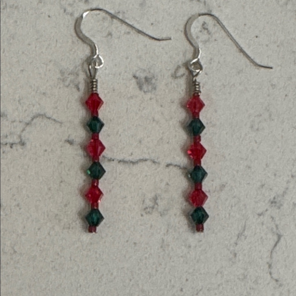 Red and Green Austrian crystal beaded earrings on Sterling silver ear wires NWT